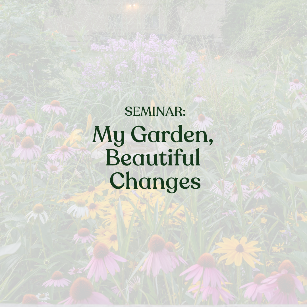 Seminar: My Garden, Beautiful Changes, written over a garden of blooming black eyed susans and other polinator plants